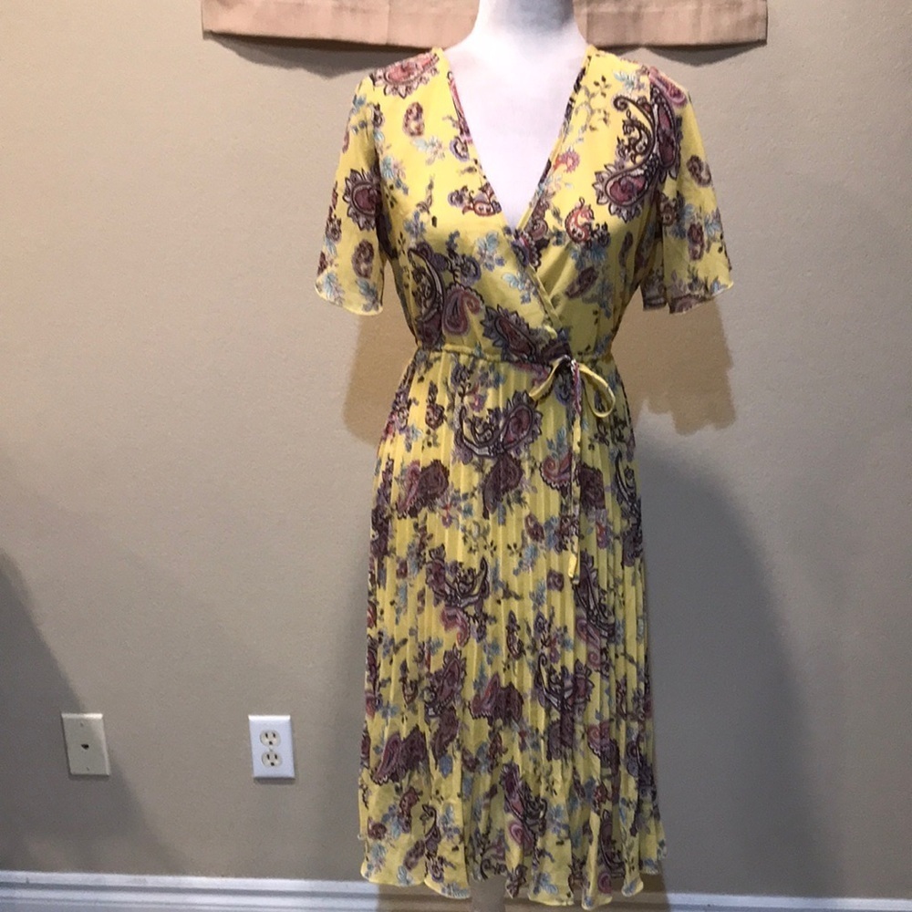 Indigo Rose Floral Paisley Sheer Pleated Midi Dress With Tie Side And V-Neck-M